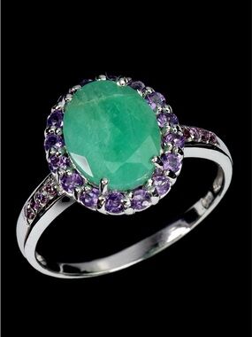 Genuine 8 mm by 10mm Emerald- Halo Ring with Genuine Amethysts